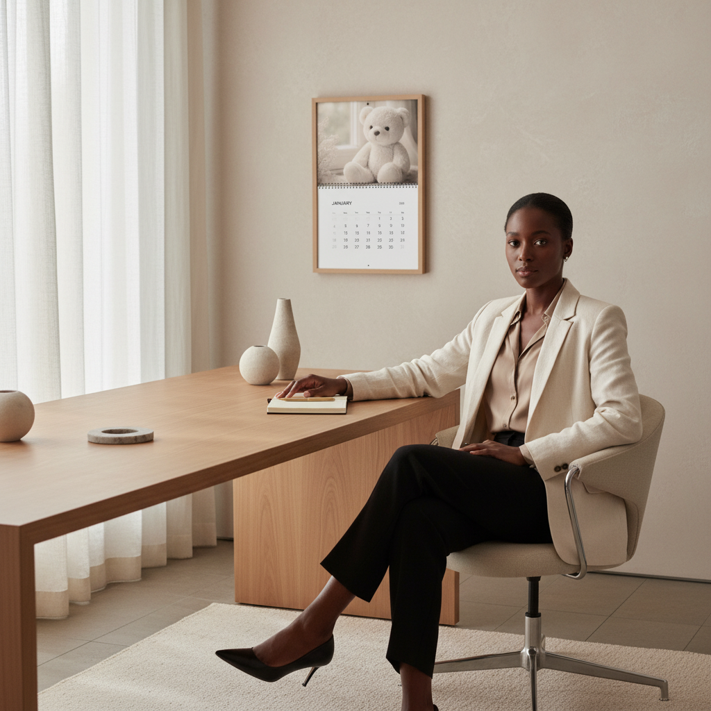 Professional woman seated at a minimalist desk in a luxe office interior, with a neutral teddy bear wall calendar visible on the wall behind her.
