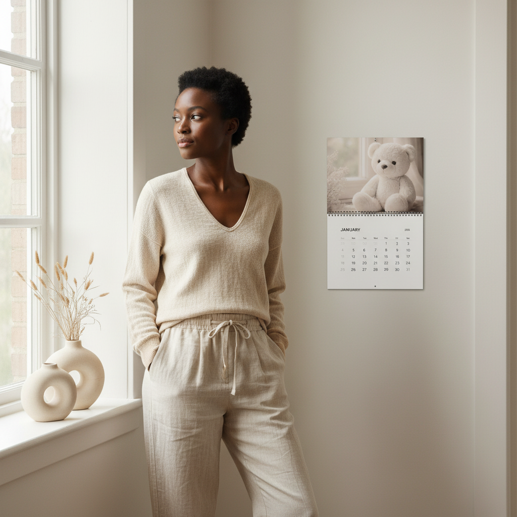 Black woman standing near a window in a serene office setting, with a neutral teddy bear wall calendar adding warmth and calm to the workspace.