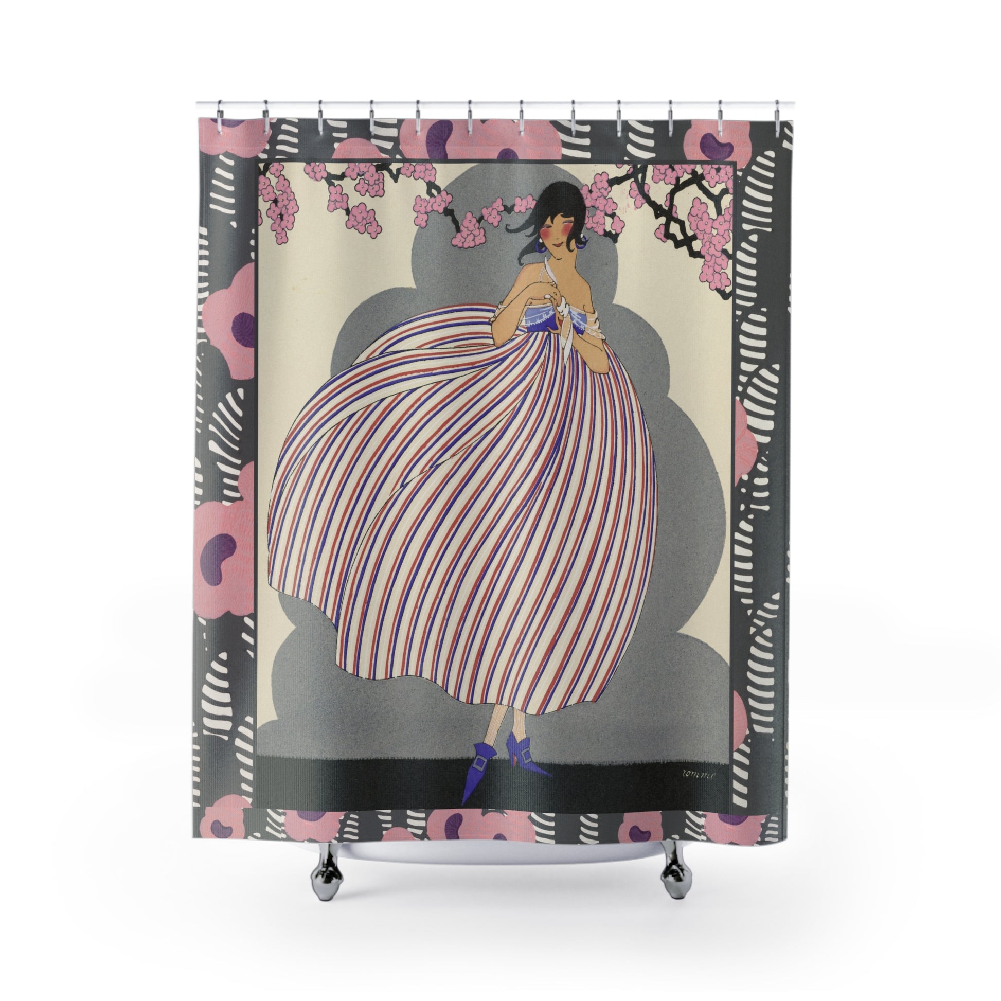 Close-up of the Art Nouveau shower curtain design showing intricate striped patterns, floral borders, and a graceful illustrated woman in heels.