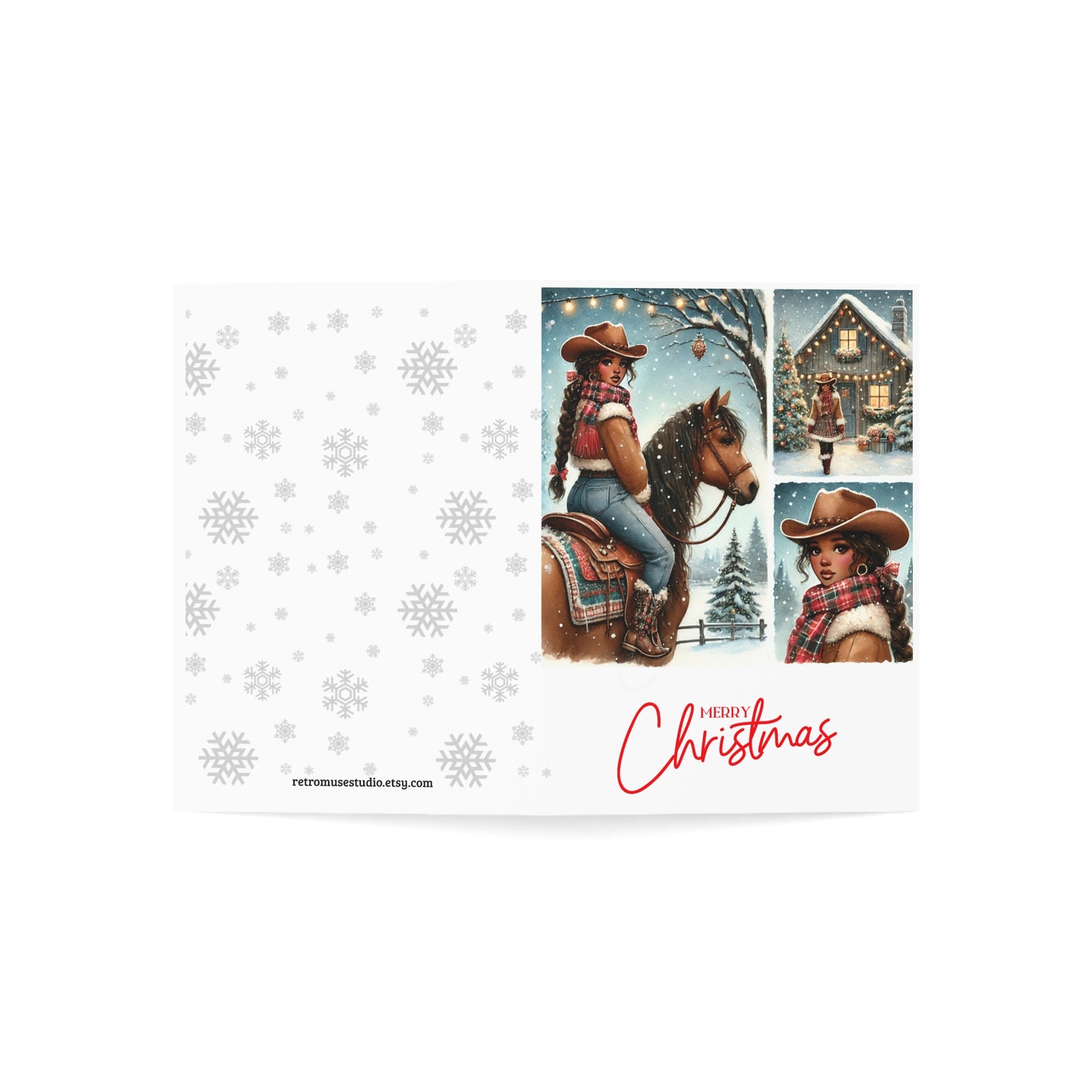 African American Cowgirl Christmas Card, Western Holiday Greeting Card with Brown-Skinned Cowgirl, Cozy Winter Scene, Holiday Card