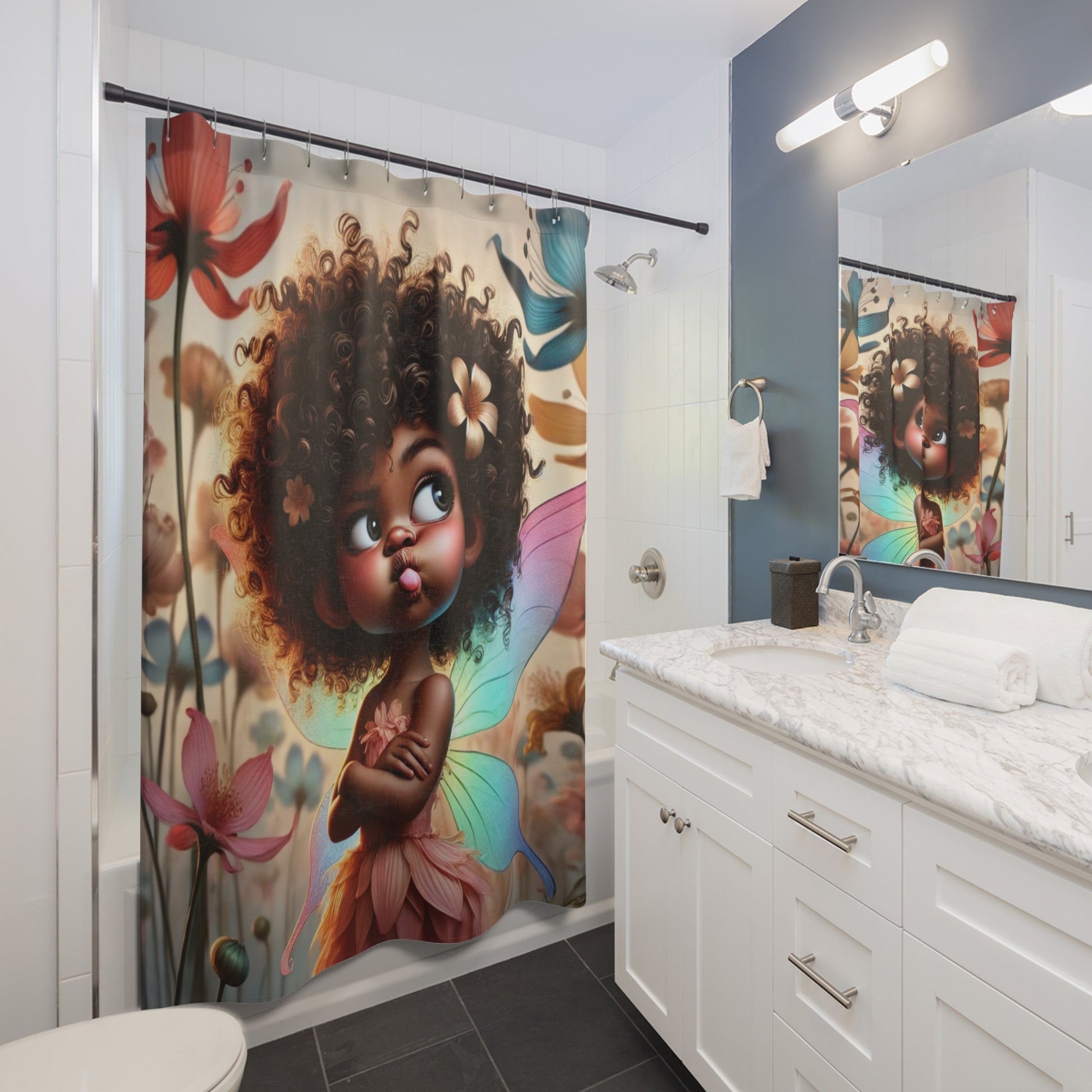 Lifestyle photo of a whimsical fairy shower curtain in a modern bathroom setting with marble countertops.
