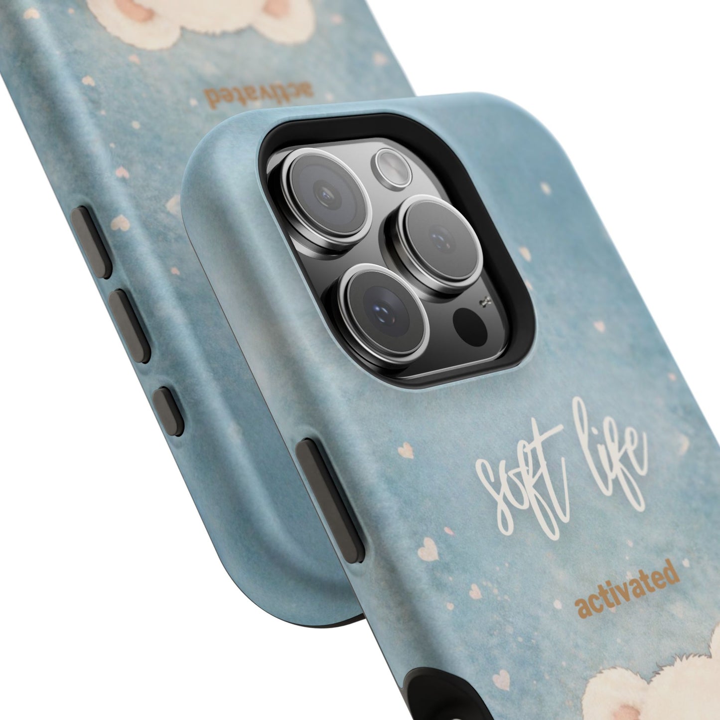 Two overlapping soft blue aesthetic phone cases showing design and camera cutout detail
