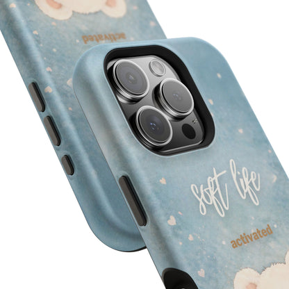 Two overlapping soft blue aesthetic phone cases showing design and camera cutout detail