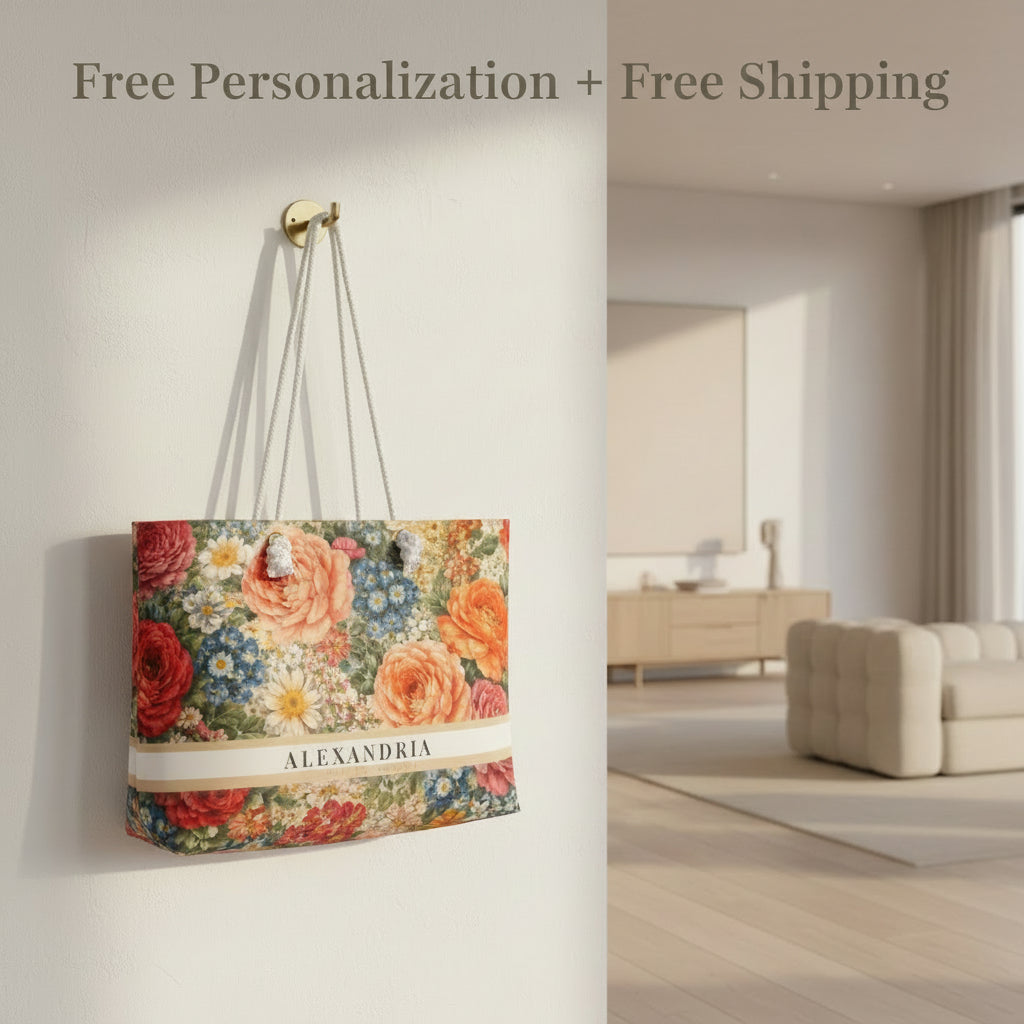 Floral patterned tote bag with 'Alexandria' branding on a white background