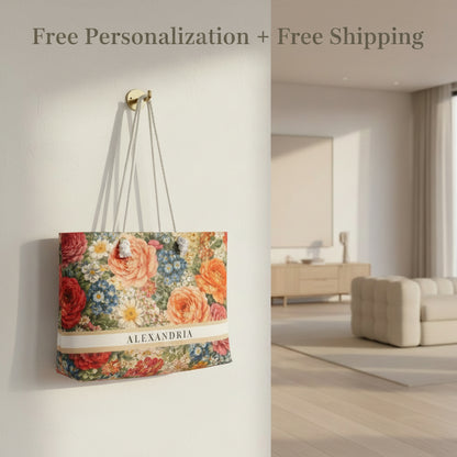 Floral patterned tote bag with 'Alexandria' branding on a white background