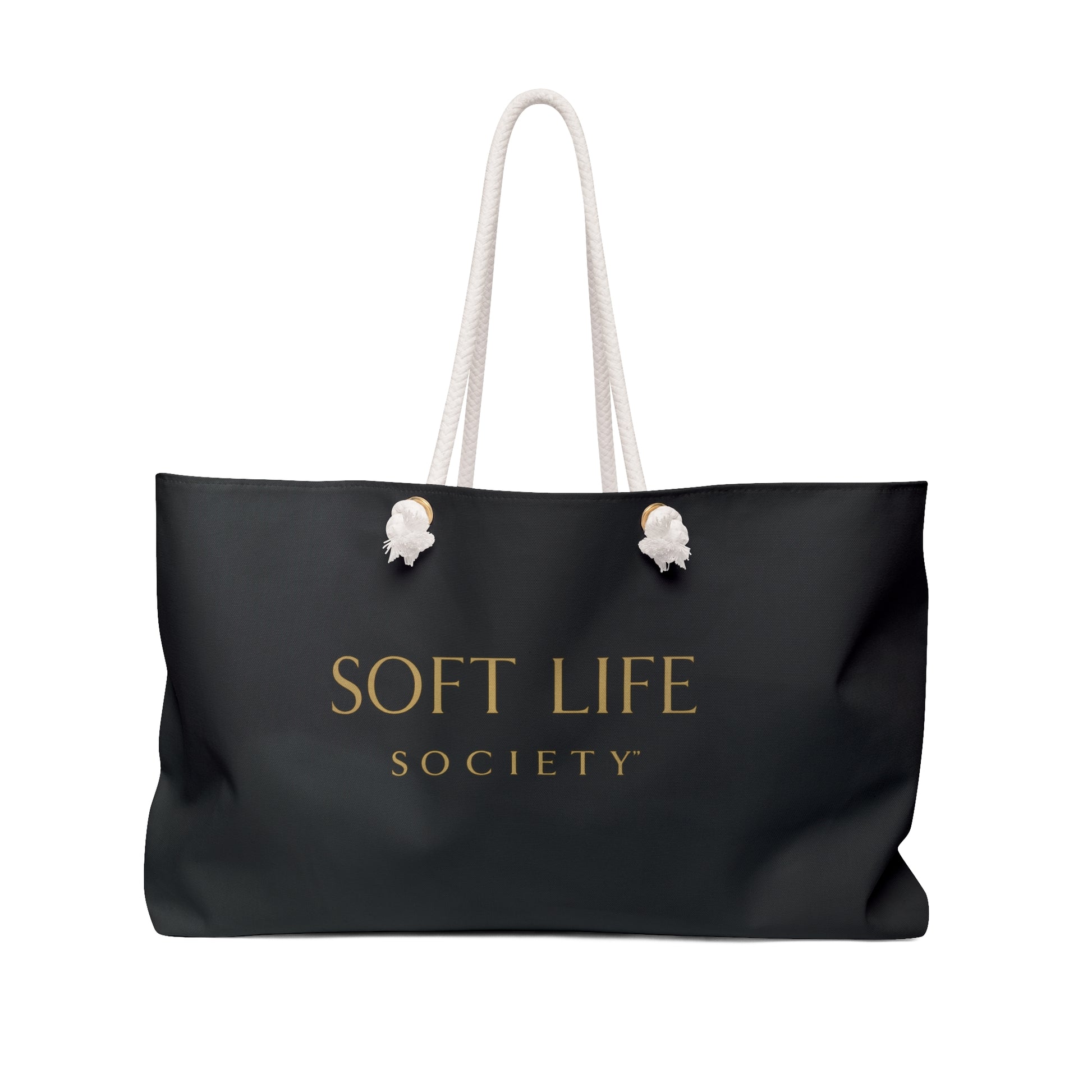 Black tote bag with 'SOFT LIFE SOCIETY' text on a white background