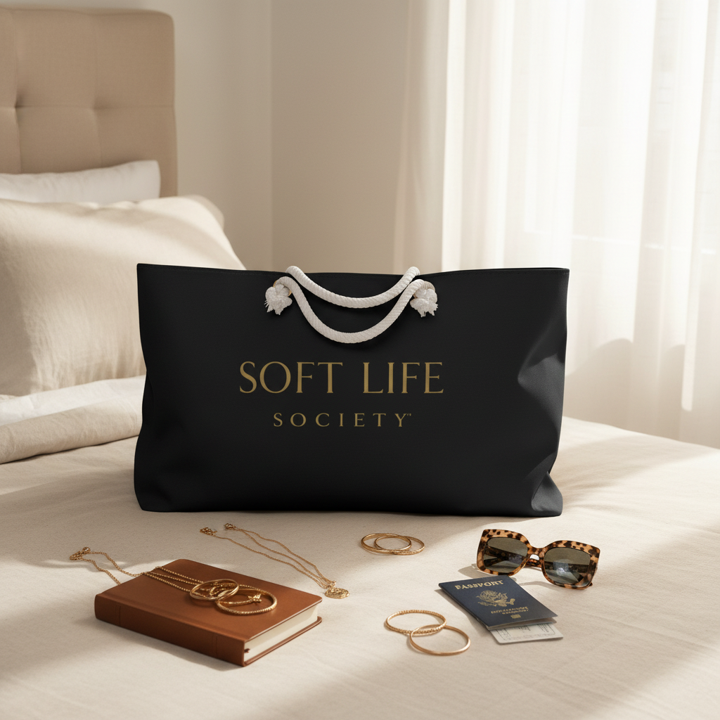 Black bag with 'Soft Life Society' branding on a bed with accessories.