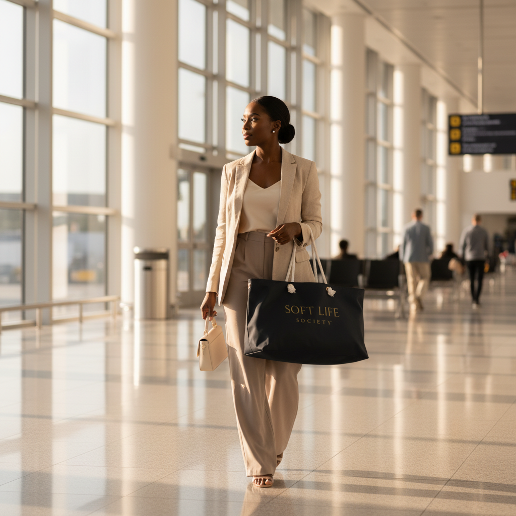 Woman walking in a modern building with a 'Soft Life' bag.
