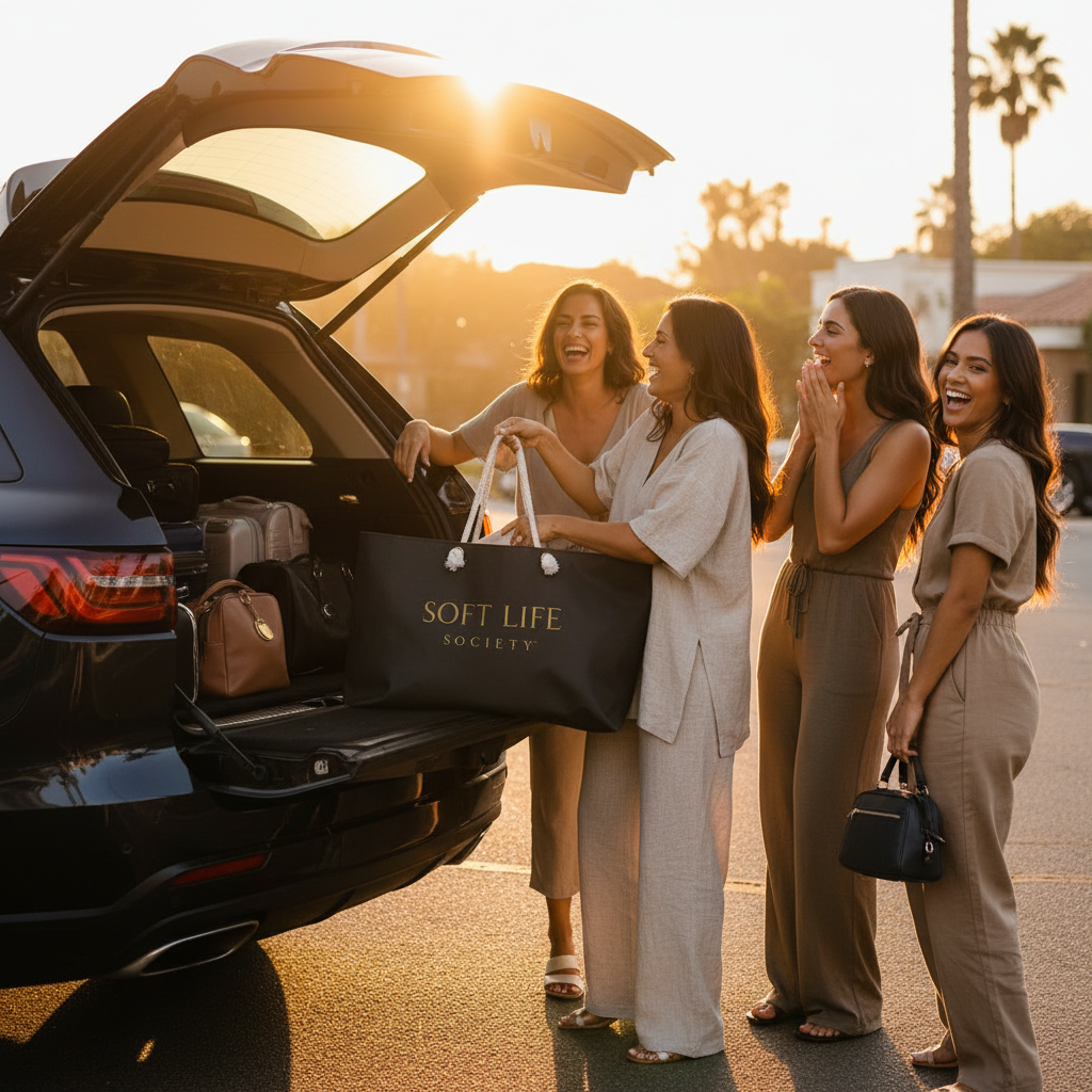 Four women standing by an open car trunk with a 'Soft Life Society' bag, at sunset.