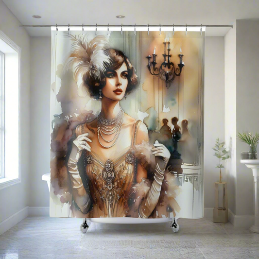A luxurious Art Deco-inspired shower curtain featuring a glamorous 1920s flapper with pearls and feathers, set against a soft watercolor background with chandelier details.