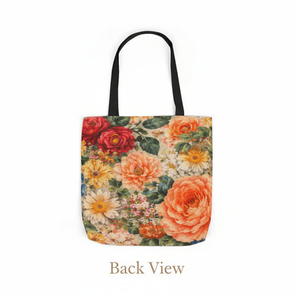 Floral tote bag with colorful flowers on a white background