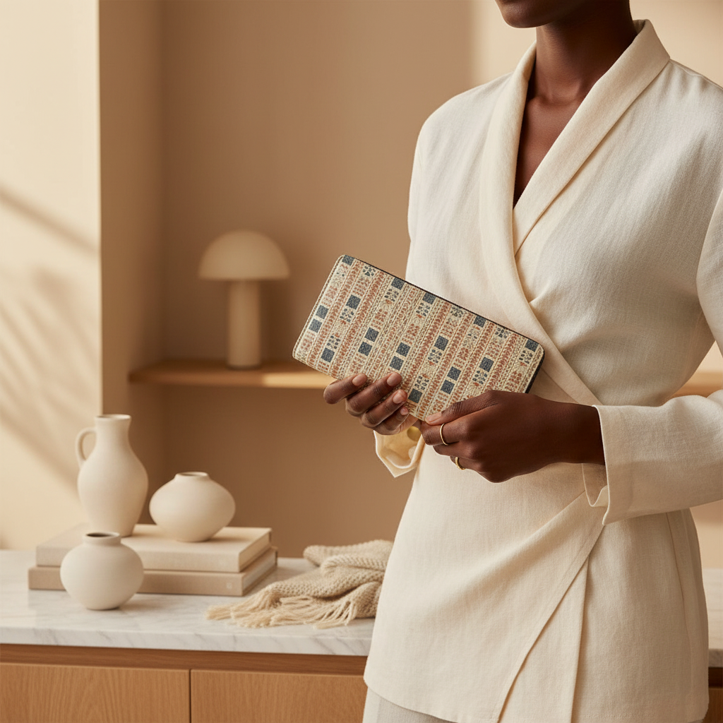Woman in a cream wrap dress holding the Amara Heritage Microprint™ travel wallet in a warm, minimalist living space.