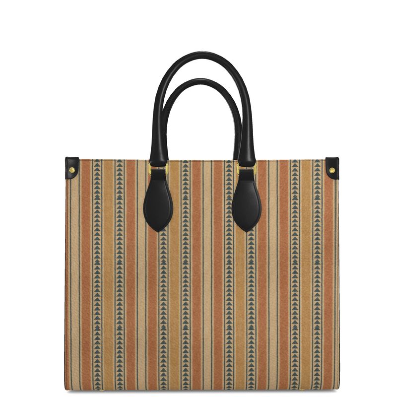Tote bag with striped pattern and black handles on a white background