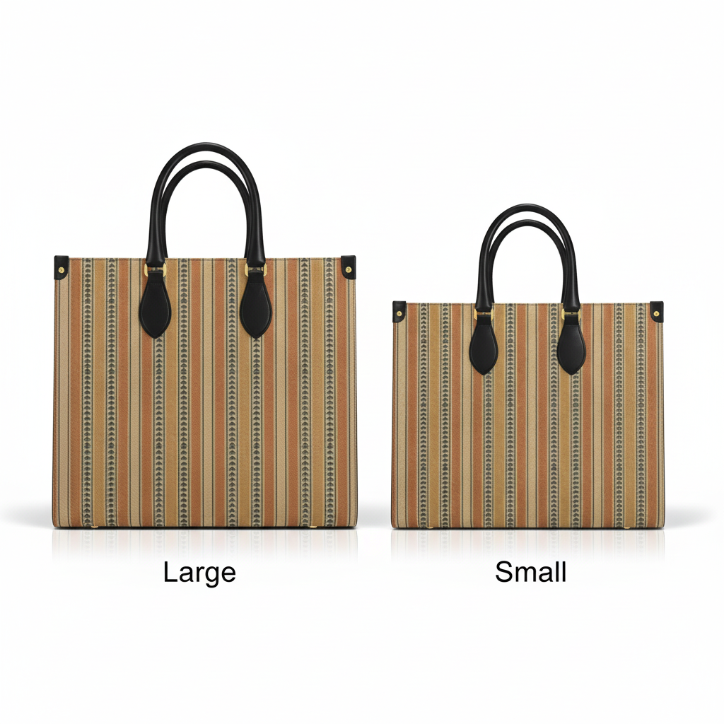 Side-by-side comparison of the Solara Stripe Microprint™ Shopper Bag in large and small sizes, showcasing scale difference and identical striped pattern.