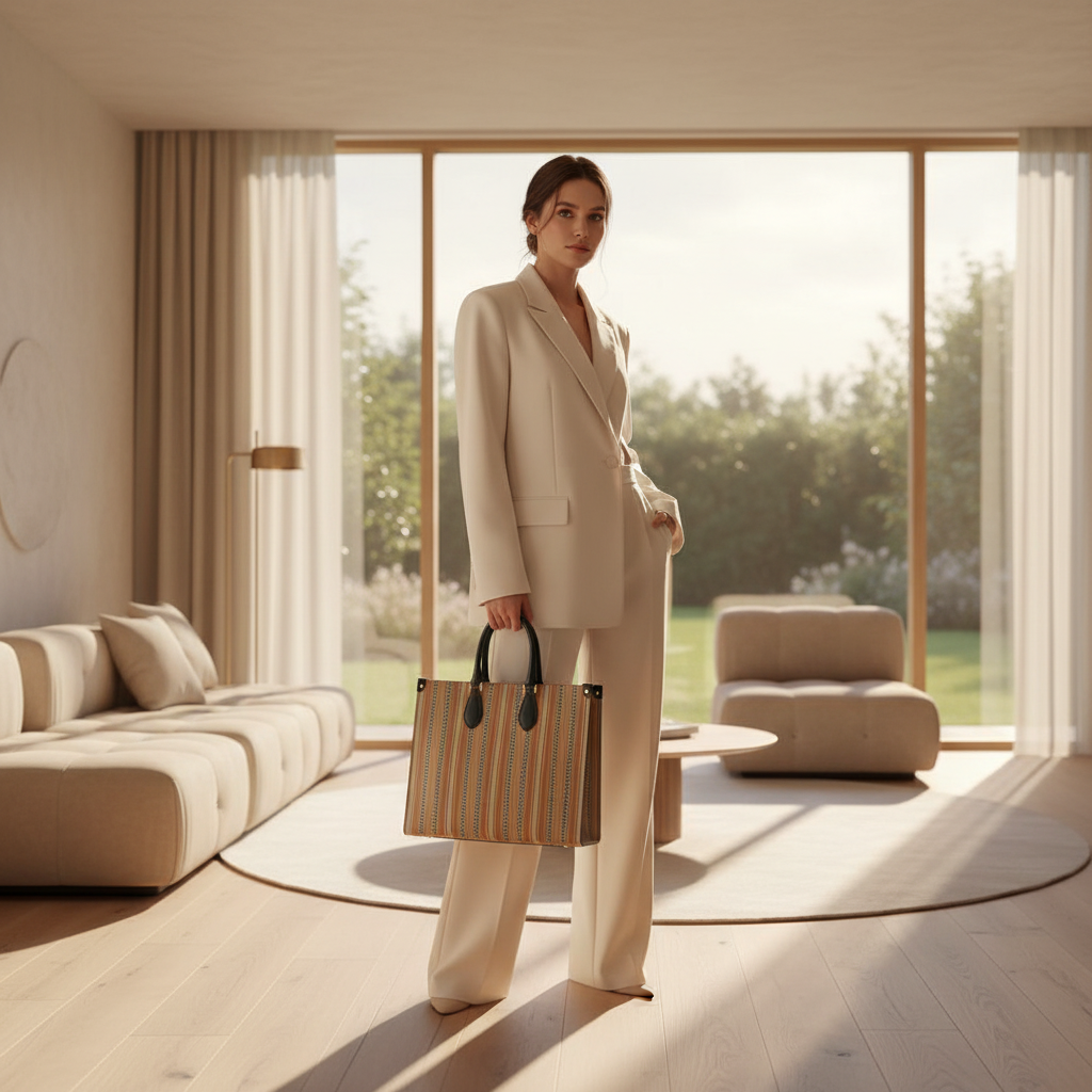 A woman dressed in an elegant beige suit stands in a sunlit minimalist living space, carrying the Solara Stripe Microprint™ Nappa Leather Shopper Bag by Soft Life Society™.