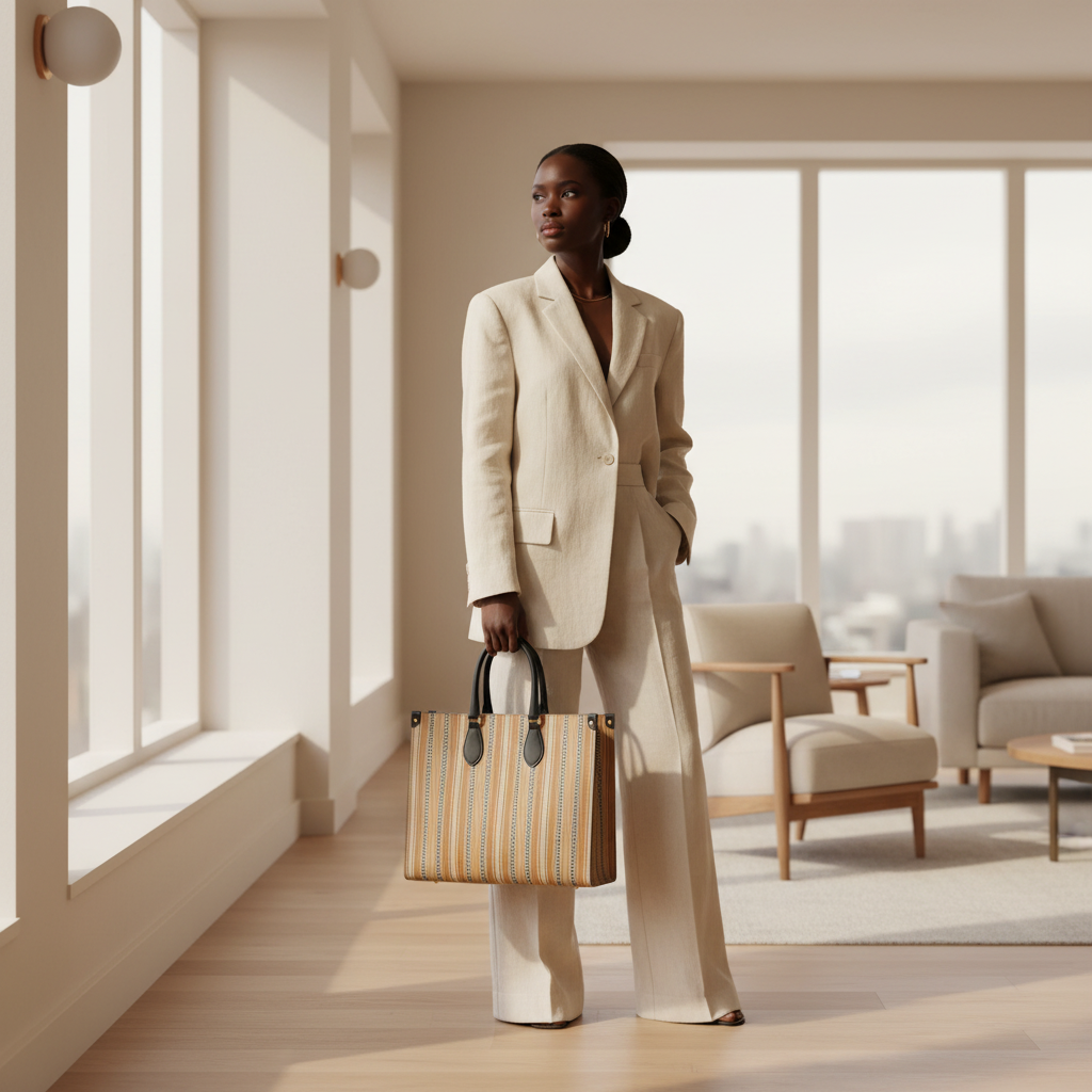 A stylish woman in a tailored ivory pantsuit stands in a bright, modern living space, holding the Solara Stripe Microprint™ Nappa Leather Shopper Bag by Soft Life Society™. Large windows and soft natural light create an elegant, luxury atmosphere.