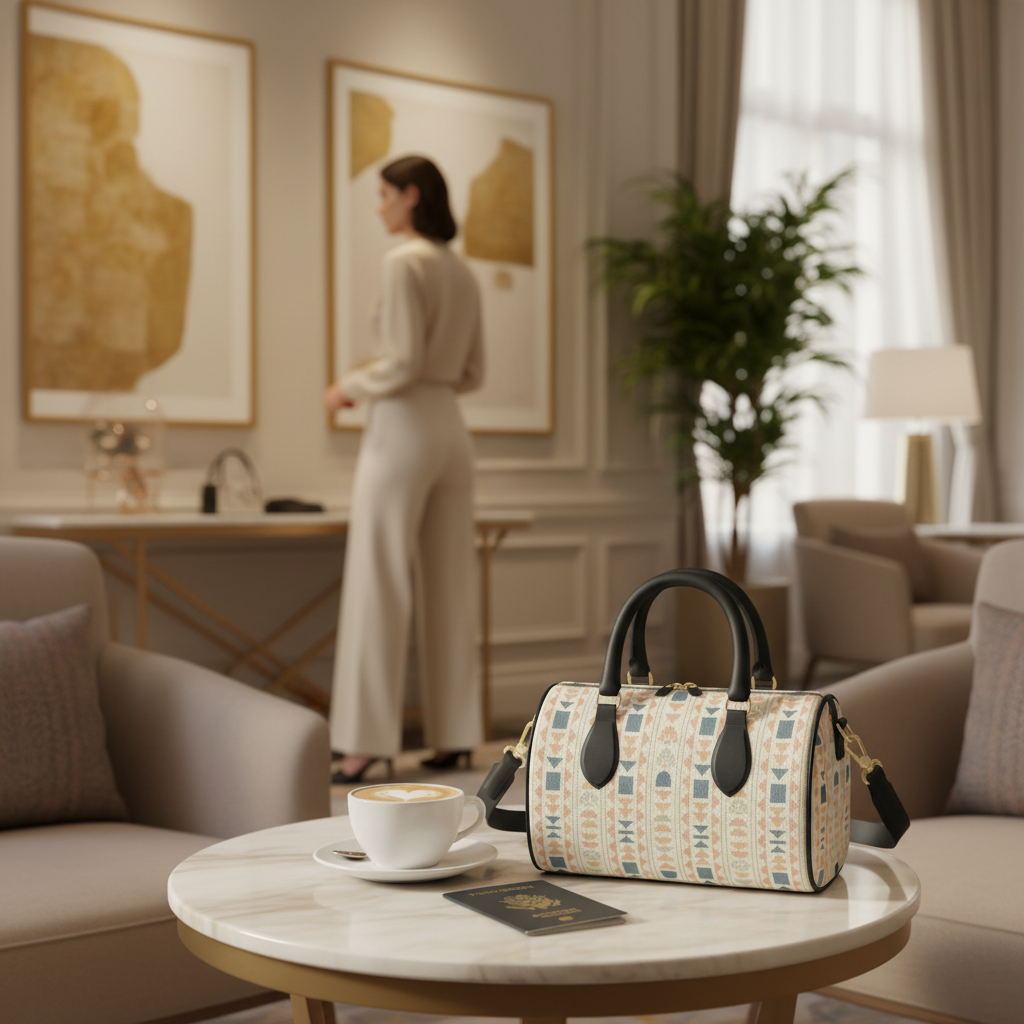 Soft Life Society™ mini leather duffel bag styled on a marble table with a latte and passport, set inside a serene luxury lounge with warm natural light.
