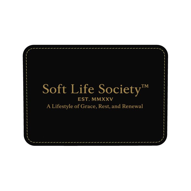 Black interior label with gold text 'Soft Life Society' and branding details on a white background
