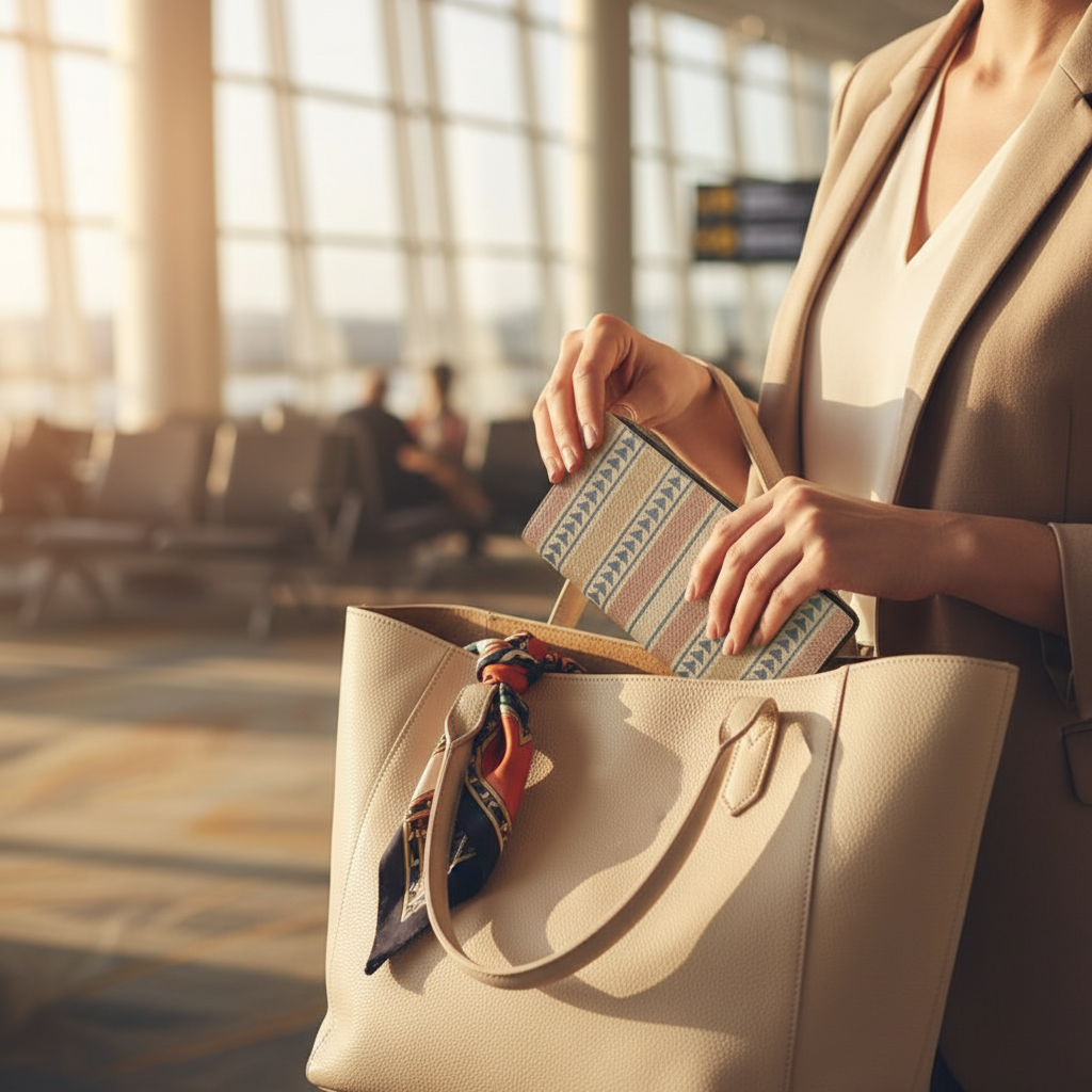 Woman placing the Amara Heritage Microprint™ Travel Wallet into a cream tote bag inside a softly lit airport terminal.