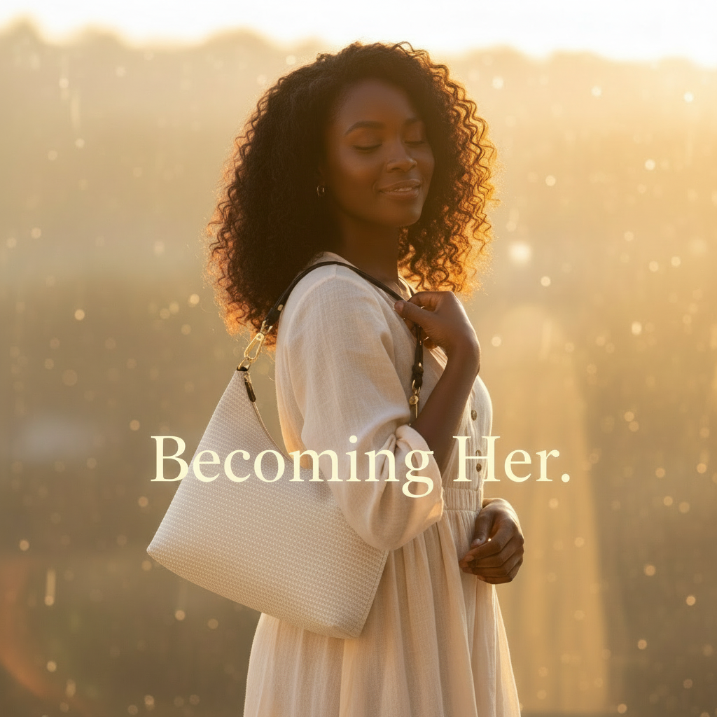 Woman carrying a cream SLS hobo bag in golden-hour light with ‘Becoming Her.’ text.