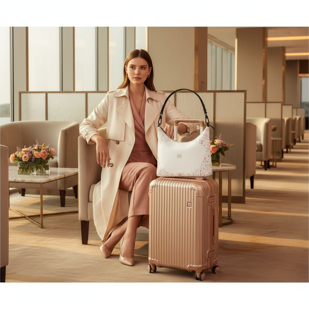 Woman with a suitcase and Soft Life Society Soft Floral Hobo handbag in a modern airport lounge.