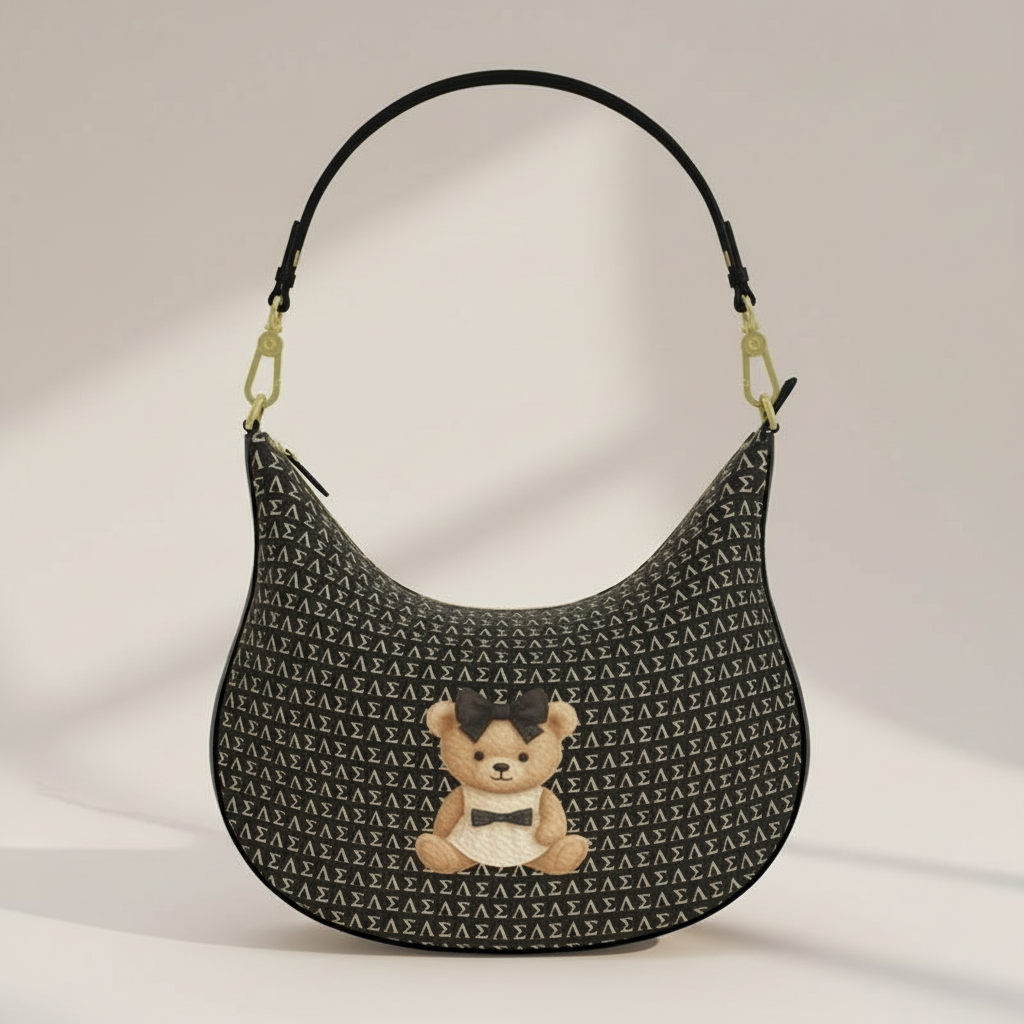 Soft Life Society™ Couture Teddy Curve Hobo Bag displayed in warm studio lighting with soft shadows, showcasing the gold SLS monogram and teddy patch.
