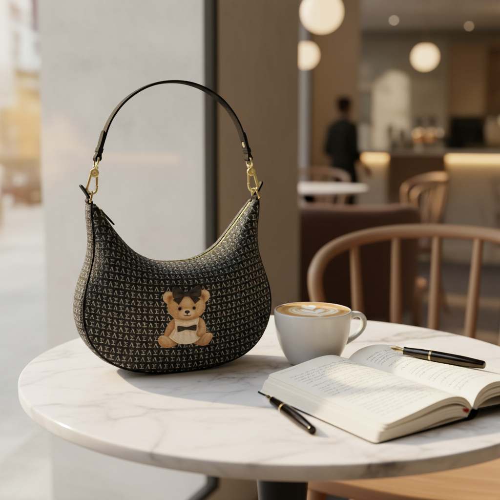 Couture Teddy Curve Hobo Bag on a café table beside a latte and open journal, capturing an elegant everyday lifestyle moment.
