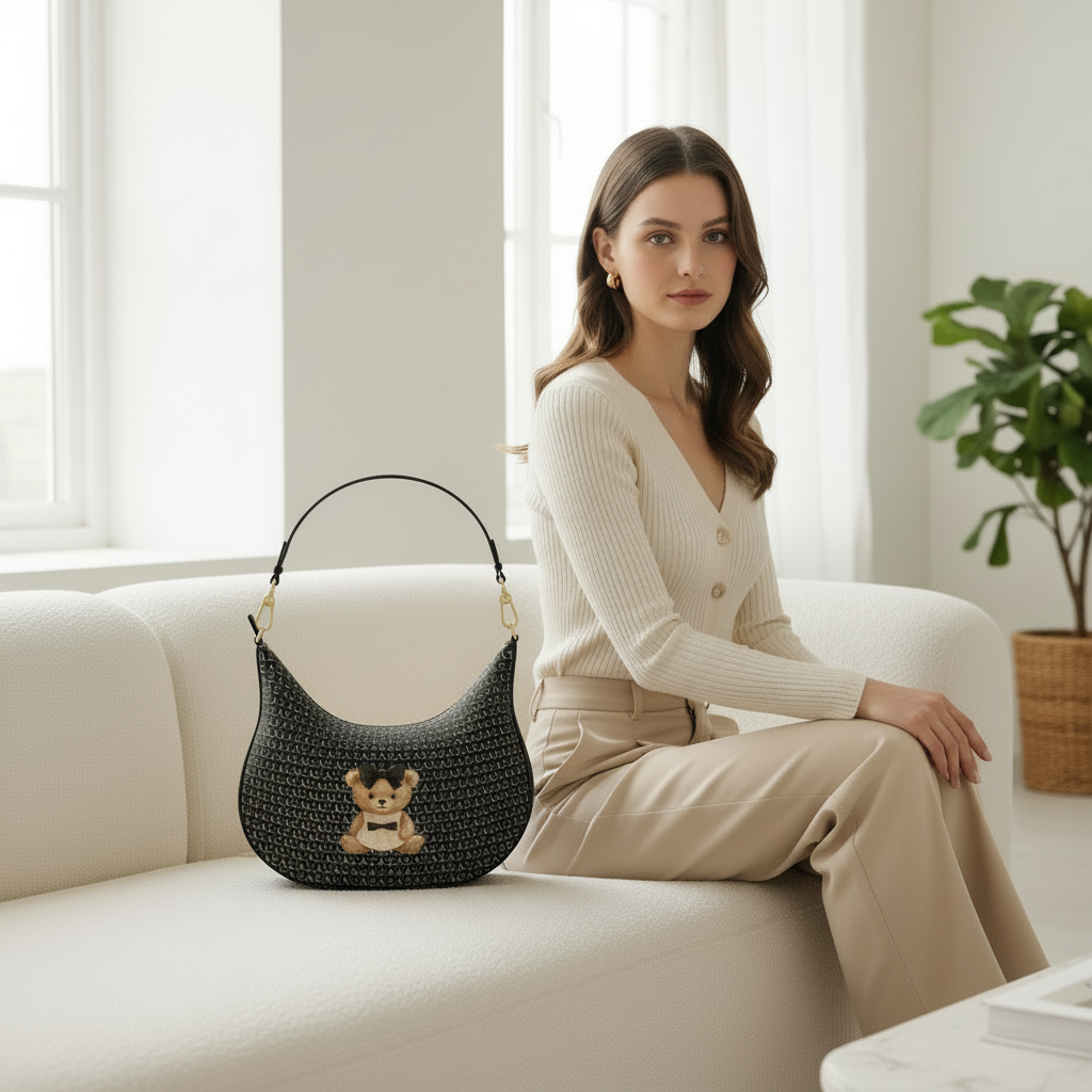 Model seated on a cream sofa with the Soft Life Society™ Curve Hobo Bag placed beside her, highlighting the bag’s size, silhouette, and monogram.
