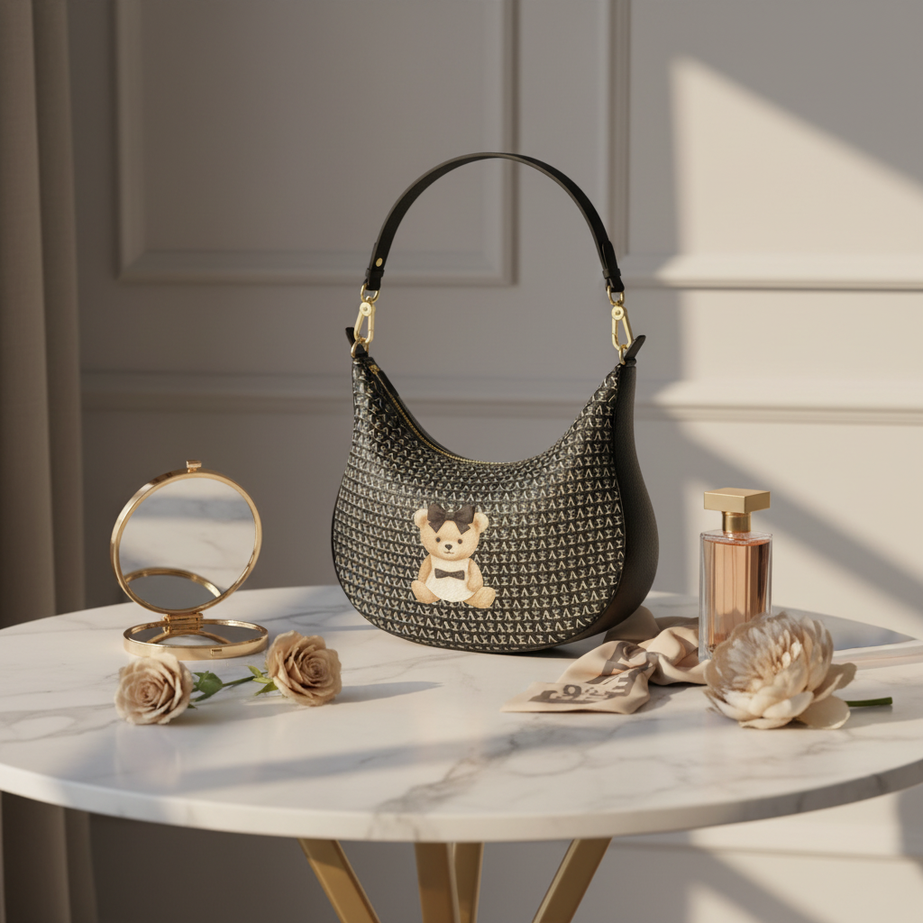 Le Petit Teddy™ Curve Hobo — Noir Monogram | Greek Letter Microprint Bag