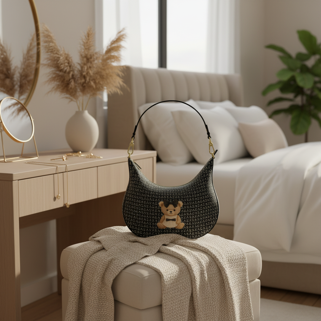 Soft Life Society™ Curve Hobo Bag styled on a cream ottoman in a cozy bedroom, blending soft textures with luxury teddy detailing.