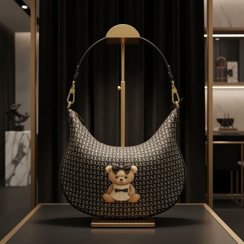 Couture Teddy Curve Hobo Bag on a gold display stand in a high-end boutique setting, featuring premium leather, gold hardware, and signature SLS monogram.
