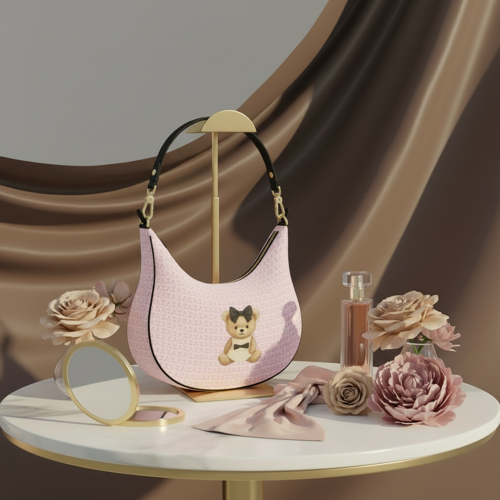 Lifestyle image of the Blush Couture Teddy Curve Hobo displayed in a soft, feminine interior setting with warm lighting.