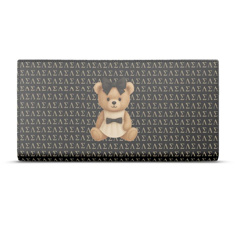 Le Petit Teddy™ Noir Microprint Wallet displayed on a clean white background, featuring the signature Greek-letter monogram and centered couture teddy emblem on full-grain Nappa leather.