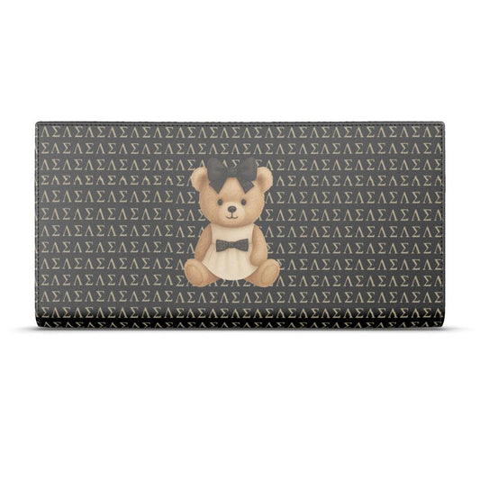 Le Petit Teddy™ Noir Microprint Wallet displayed on a clean white background, featuring the signature Greek-letter monogram and centered couture teddy emblem on full-grain Nappa leather.