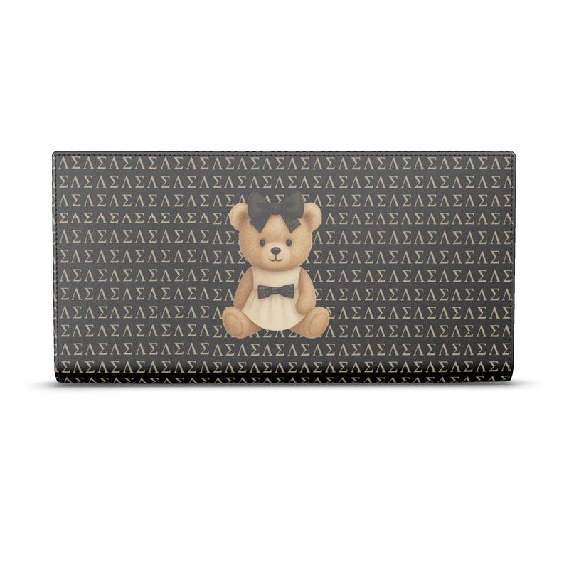 Wallet with teddy bear design and geometric pattern on a white background