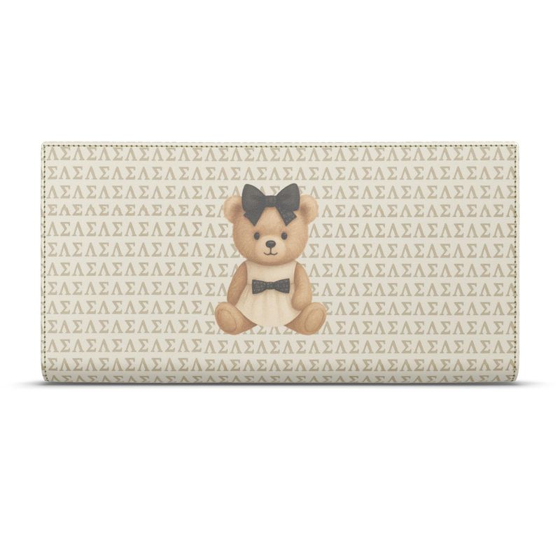 Front view of Le Petit Teddy™ Travel Wallet in cream with the SLS Greek-letter microprint and a centered couture teddy emblem