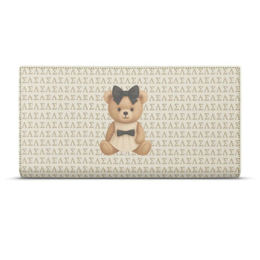Front view of Le Petit Teddy™ Travel Wallet in cream with the SLS Greek-letter microprint and a centered couture teddy emblem
