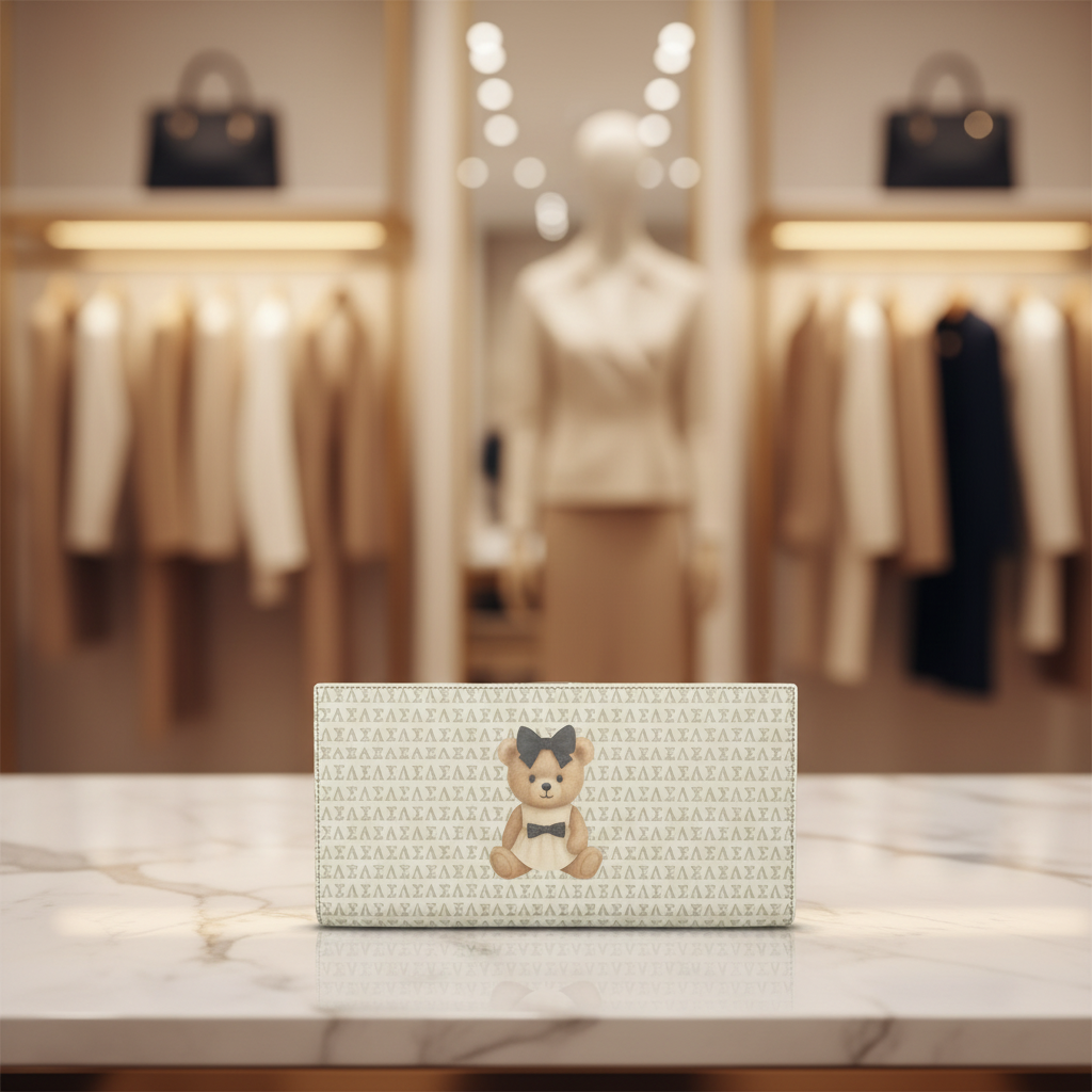 Le Petit Teddy™ Travel Wallet in cream with the SLS Greek-letter microprint and a centered couture teddy emblem, displayed on a marble surface inside a luxury boutique.