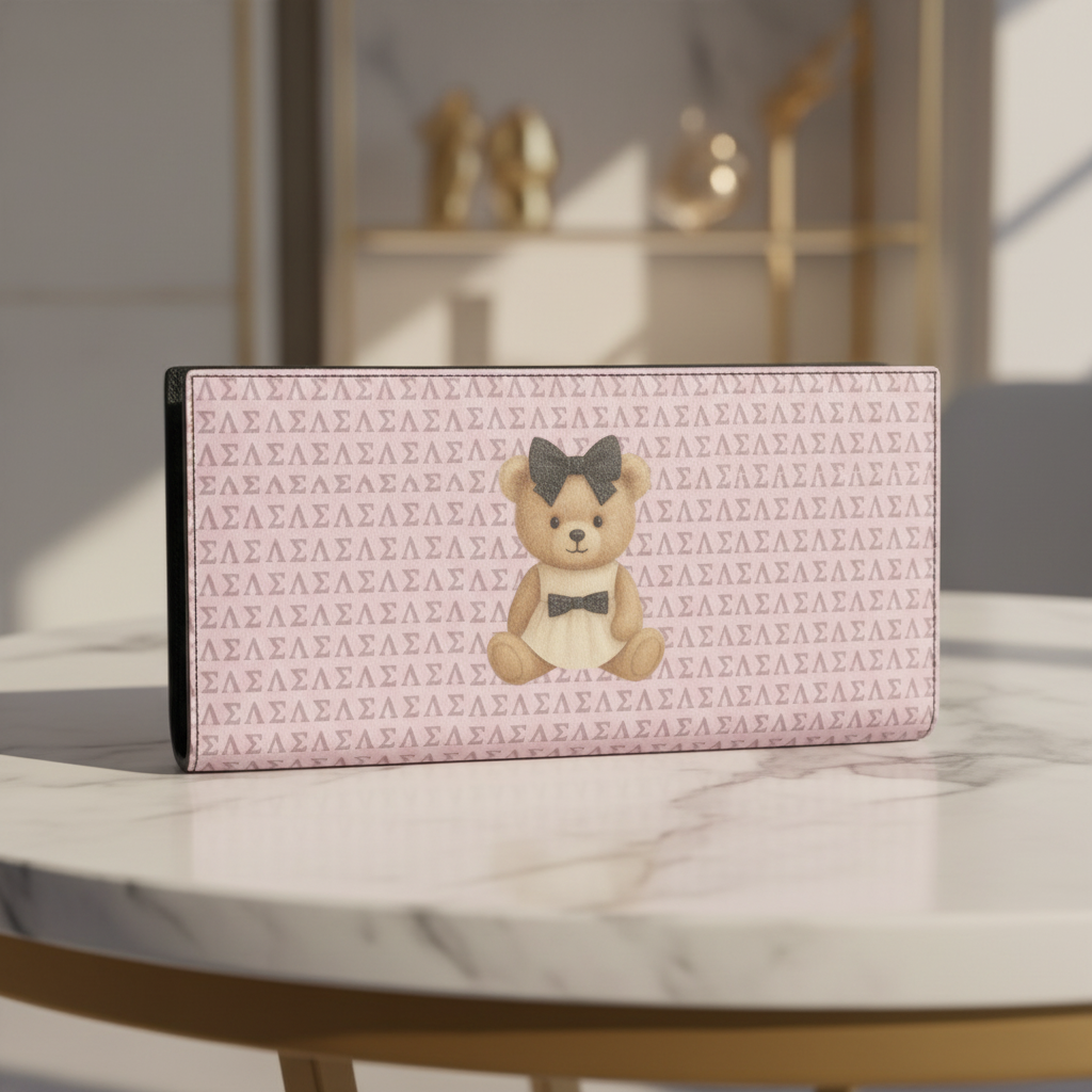 Le Petit Teddy™ Noir Microprint Wallet showcased on a marble table in a luxury boutique setting, highlighting the teddy emblem and Greek-letter monogram on full-grain Nappa leather.