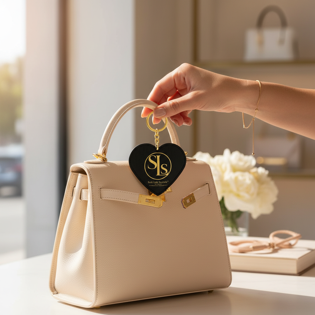 Beige handbag with a heart-shaped keychain featuring 'SLS' logo, held by a hand.