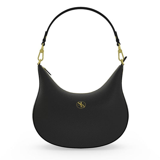 Front view of the Soft Life Society™ Crescent leather bag in black leather with gold hardware and SLS logo, shown on a white background.