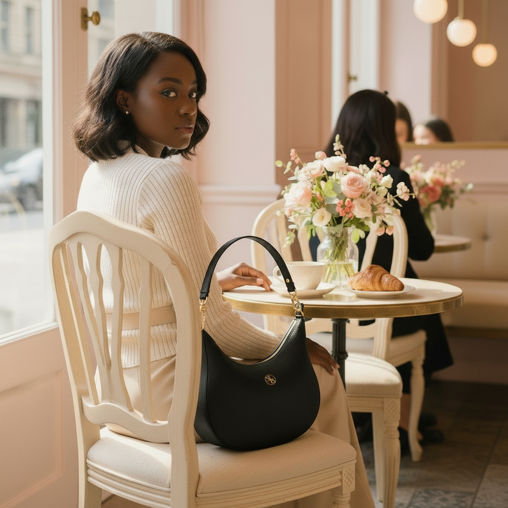Elegant woman seated in a Parisian-style café with the Soft Life Society™ black Crescent leather bag resting on the chair beside her.
