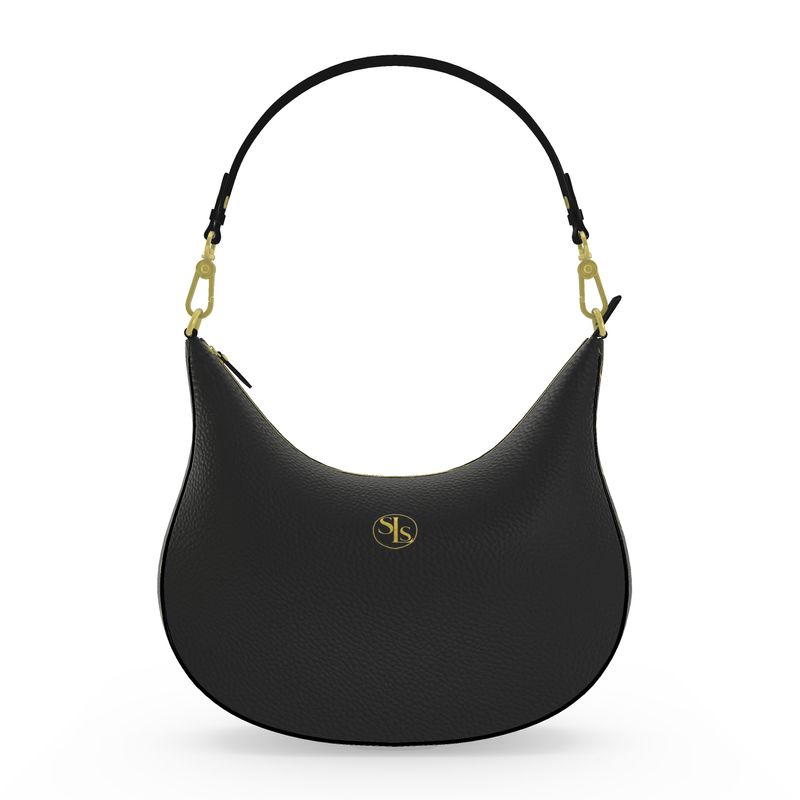 Front view of the Soft Life Society™ Crescent leather bag in black leather with gold hardware and SLS logo, shown on a white background.