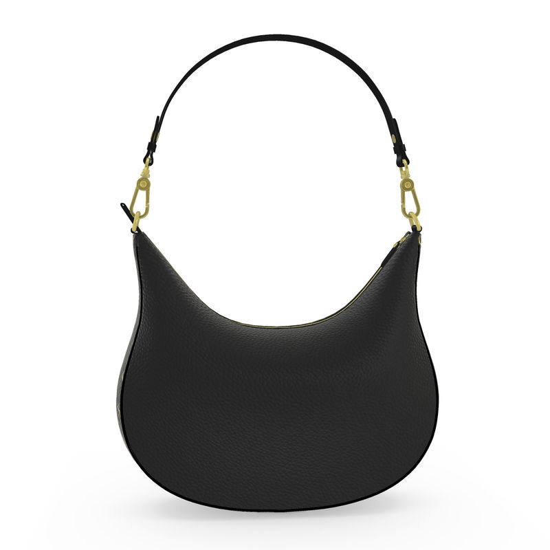 Back view of the Soft Life Society™ Crescent leather bag in smooth black leather with gold zipper and hardware.