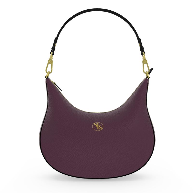 Plum leather SLS hobo bag with gold hardware and centered gold SLS logo on the front.