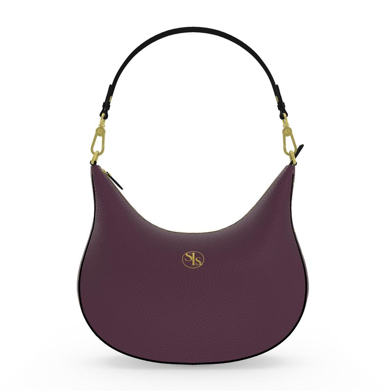 Plum leather SLS hobo bag with gold hardware and centered gold SLS logo on the front.
