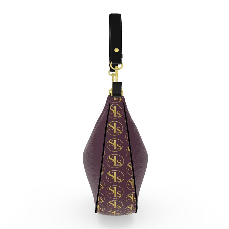 Side profile of the SLS hobo bag featuring a vertical plum and gold SLS monogram pattern panel.