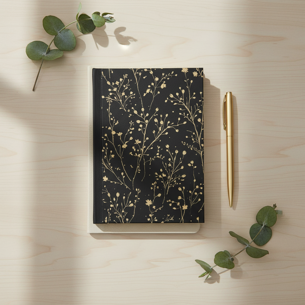 Black notebook with floral pattern on a wooden surface with a gold pen and eucalyptus leaves.