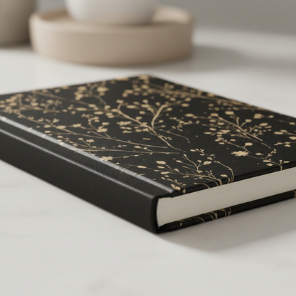 Black notebook with gold floral pattern on a white surface