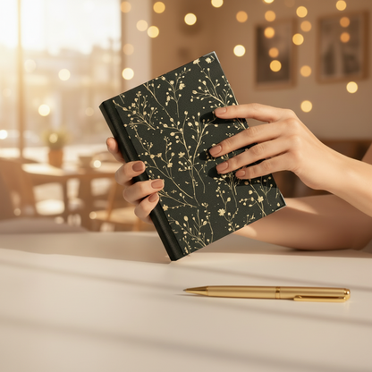 Hand holding a black notebook with floral design on a blurred indoor background